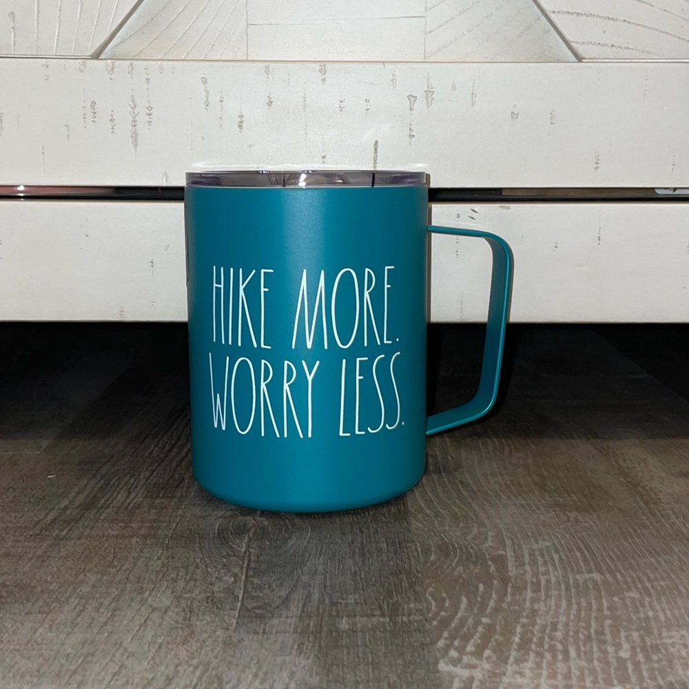Rae Dunn HIKE MORE WORRY LESS stainless steel mug.